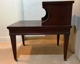 H32 - $30. Side table with leather top by The Rothrock Line from Thomasville NC. Measures 19" x 25" x 25"T, lower table 16.5"T.