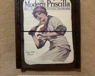 H3 - $10. Modern Priscilla magazine cover on antique wood tray . 12" x 14".
