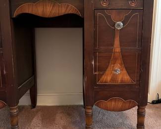 H23 - $85. Antique Art Deco Vanity With Arched Triple Mirror. Measures 40" x 17.25" x 66"T, floor to vanity top 30"T.