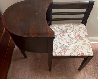 H10 - $65. Telephone side table and chair. Measures 27" x 15.5" x 29"T, floor to seat 18"T. Very good condition.