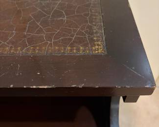 H32 - $30. Side table with leather top by The Rothrock Line from Thomasville NC. Measures 19" x 25" x 25"T, lower table 16.5"T.