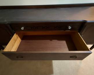 H36 - $75. Buffet by Limberts Arts and Crafts Furniture from Grand Rapids and Holland MI. Measures 71.75" x 22" x 40"T. Wood dowels on bottom need to be reglued as shown in photo.