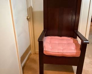 H33 - $450. Pair of Alter chairs with removable cushions. These are from Oak Ridge Baptist Church in Kittrell, NC. Each Measures 26.75" x 25"x 52"T, floor to seat 20"T. They were in the church is 1963 for a family wedding and purchased after for the personal home.