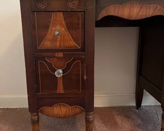 H23 - $85. Antique Art Deco Vanity With Arched Triple Mirror. Measures 40" x 17.25" x 66"T, floor to vanity top 30"T.