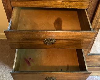 H19 - $50. Wardrobe with cabinet, 5 drawers, and clothes bar. Measures 37.25" x 16.5" x 66"T. Some surface wear and a sticker on the mirror, but overall good condition.