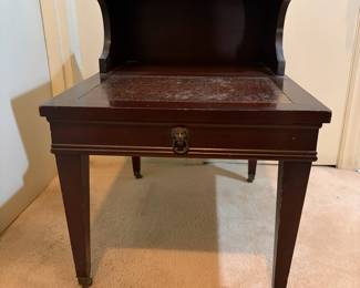 H32 - $30. Side table with leather top by The Rothrock Line from Thomasville NC. Measures 19" x 25" x 25"T, lower table 16.5"T.