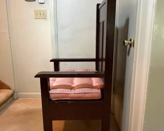 H33 - $450. Pair of Alter chairs with removable cushions. These are from Oak Ridge Baptist Church in Kittrell, NC. Each Measures 26.75" x 25"x 52"T, floor to seat 20"T. They were in the church is 1963 for a family wedding and purchased after for the personal home.