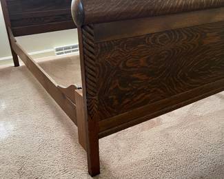H9 - $150. Antique High Back Tiger Oak Double Bed. Measures 57.5" x 81" x 78"T, footboard 35.75"T. Very good condition - foot board has a weak spot on the top that should be an easy repair.