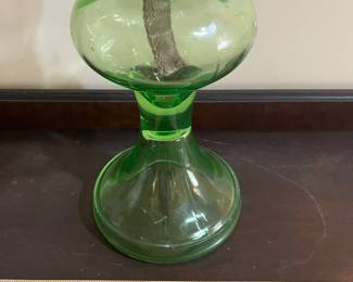 H45 - $125. Vintage uranium glass oil lamp. Glows with black light!Measures 18" tall.
