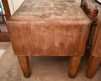 H28 - $1,500 PAIR of Butcher Block Tables from "Bally Block Tables". Each Measures 30" x 30" x 33.5"T. Very heavy, bring help to move.