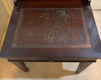 H32 - $30. Side table with leather top by The Rothrock Line from Thomasville NC. Measures 19" x 25" x 25"T, lower table 16.5"T.