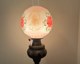 H48 - $275. Victorian parlor banquet lamp. Measures 33" tall.
