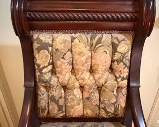 H30 - $50. Wood carved chair with floral upholstery. Measures 21.5" x 22" x 38.75"T, floor to seat 17"T.