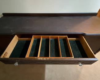 H36 - $75. Buffet by Limberts Arts and Crafts Furniture from Grand Rapids and Holland MI. Measures 71.75" x 22" x 40"T. Wood dowels on bottom need to be reglued as shown in photo.