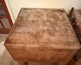 H28 - $1,500 PAIR of Butcher Block Tables from "Bally Block Tables". Each Measures 30" x 30" x 33.5"T. Very heavy, bring help to move.