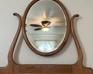 H14 - $125. Antique Oak Full Sized Dresser With Harp Mirror. Measures 38" x 19" x 66.5"T, floor to dresser top- 33.5"T. Very good condition.