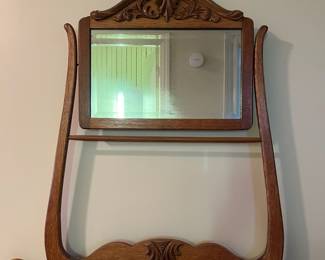 H13 - $95. Antique Oak Washstand with a High-Back Harp frame. Measures 29.5" x 17" x 73"T, floor to dresser top- 29.25"T. Very good condition.