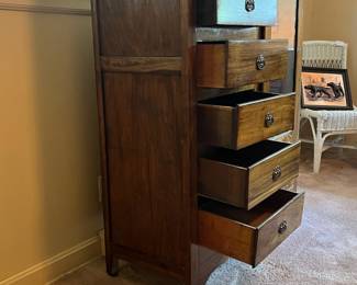 H19 - $50. Wardrobe with cabinet, 5 drawers, and clothes bar. Measures 37.25" x 16.5" x 66"T. Some surface wear and a sticker on the mirror, but overall good condition.