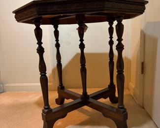 H40 - $60. 1929 Octagon side table by Sheets Manufacturing Co from Wapakoneta, Ohio. Measures 30" x 29.5"T.