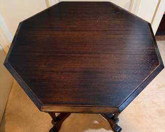 H40 - $60. 1929 Octagon side table by Sheets Manufacturing Co from Wapakoneta, Ohio. Measures 30" x 29.5"T.