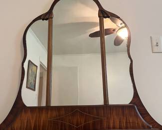 H23 - $85. Antique Art Deco Vanity With Arched Triple Mirror. Measures 40" x 17.25" x 66"T, floor to vanity top 30"T.
