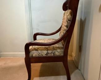 H30 - $50. Wood carved chair with floral upholstery. Measures 21.5" x 22" x 38.75"T, floor to seat 17"T.
