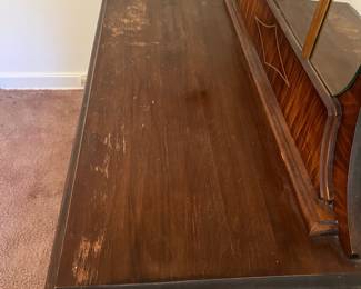 H23 - $85. Antique Art Deco Vanity With Arched Triple Mirror. Measures 40" x 17.25" x 66"T, floor to vanity top 30"T.