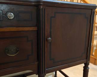 H36 - $75. Buffet by Limberts Arts and Crafts Furniture from Grand Rapids and Holland MI. Measures 71.75" x 22" x 40"T. Wood dowels on bottom need to be reglued as shown in photo.