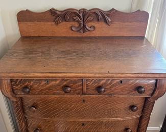 H16 - $125. Antique Tiger Oak Highboy Dresser. Measures 36" x 20" x 54.5"T. Overall good condition, top has some splitting as shown in photo.