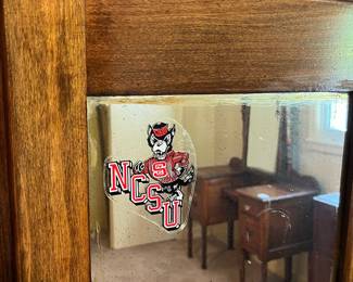 H19 - $50. Wardrobe with cabinet, 5 drawers, and clothes bar. Measures 37.25" x 16.5" x 66"T. Some surface wear and a sticker on the mirror, but overall good condition.