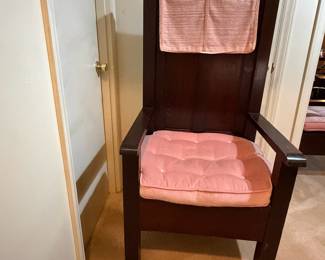 H33 - $450. Pair of Alter chairs with removable cushions. These are from Oak Ridge Baptist Church in Kittrell, NC. Each Measures 26.75" x 25"x 52"T, floor to seat 20"T. They were in the church is 1963 for a family wedding and purchased after for the personal home.