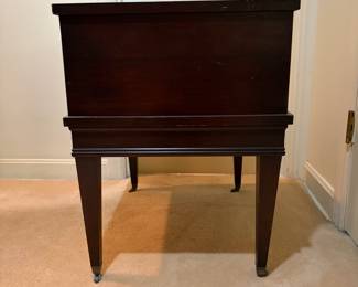 H32 - $30. Side table with leather top by The Rothrock Line from Thomasville NC. Measures 19" x 25" x 25"T, lower table 16.5"T.