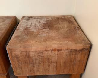 H28 - $1,500 PAIR of Butcher Block Tables from "Bally Block Tables". Each Measures 30" x 30" x 33.5"T. Very heavy, bring help to move.