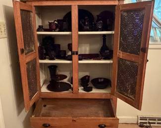 H24 - $350. Oak Pie Safe Cabinet with Punched Tin Doors. Measures 35" x 16.5" x 63"T.
