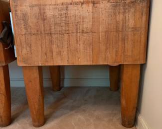 H28 - $1,500 PAIR of Butcher Block Tables from "Bally Block Tables". Each Measures 30" x 30" x 33.5"T. Very heavy, bring help to move.