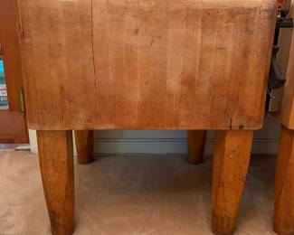 H28 - $1,500 PAIR of Butcher Block Tables from "Bally Block Tables". Each Measures 30" x 30" x 33.5"T. Very heavy, bring help to move.