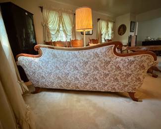 H43 - $75. Duncan Phyfe style couch. Measures 78" x 30" x 33.5"T, floor to seat 22.5"T.