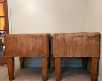 H28 - $1,500 PAIR of Butcher Block Tables from "Bally Block Tables". Each Measures 30" x 30" x 33.5"T. Very heavy, bring help to move.