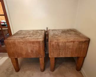 H28 - $1,500 PAIR of Butcher Block Tables from "Bally Block Tables". Each Measures 30" x 30" x 33.5"T. Very heavy, bring help to move.