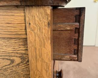 H14 - $125. Antique Oak Full Sized Dresser With Harp Mirror. Measures 38" x 19" x 66.5"T, floor to dresser top- 33.5"T. Very good condition.