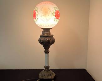 H48 - $275. Victorian parlor banquet lamp. Measures 33" tall.