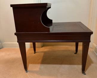 H32 - $30. Side table with leather top by The Rothrock Line from Thomasville NC. Measures 19" x 25" x 25"T, lower table 16.5"T.