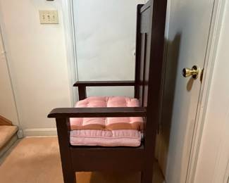 H33 - $450. Pair of Alter chairs with removable cushions. These are from Oak Ridge Baptist Church in Kittrell, NC. Each Measures 26.75" x 25"x 52"T, floor to seat 20"T. They were in the church is 1963 for a family wedding and purchased after for the personal home.