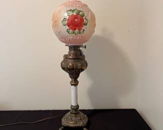 H48 - $275. Victorian parlor banquet lamp. Measures 33" tall.
