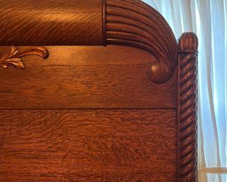 H9 - $150. Antique High Back Tiger Oak Double Bed. Measures 57.5" x 81" x 78"T, footboard 35.75"T. Very good condition - foot board has a weak spot on the top that should be an easy repair.