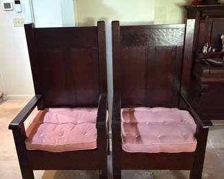H33 - $450. Pair of Alter chairs with removable cushions. These are from Oak Ridge Baptist Church in Kittrell, NC. Each Measures 26.75" x 25"x 52"T, floor to seat 20"T. They were in the church is 1963 for a family wedding and purchased after for the personal home.