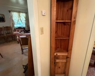 H27 - $75. Small Pine Corner Cabinet. Measures 17" x 9" x 72"T.