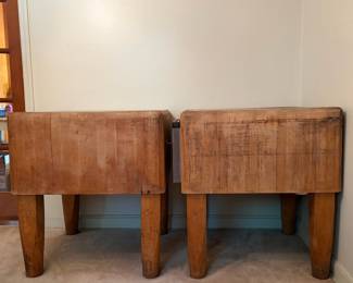 H28 - $1,500 PAIR of Butcher Block Tables from "Bally Block Tables". Each Measures 30" x 30" x 33.5"T. Very heavy, bring help to move.
