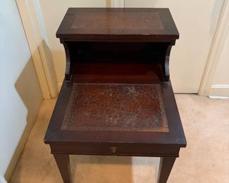 H32 - $30. Side table with leather top by The Rothrock Line from Thomasville NC. Measures 19" x 25" x 25"T, lower table 16.5"T.