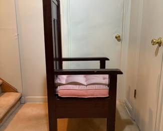 H33 - $450. Pair of Alter chairs with removable cushions. These are from Oak Ridge Baptist Church in Kittrell, NC. Each Measures 26.75" x 25"x 52"T, floor to seat 20"T. They were in the church is 1963 for a family wedding and purchased after for the personal home.